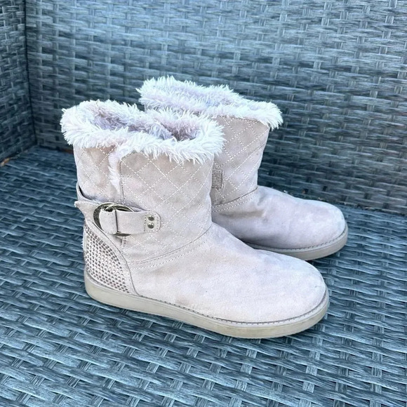 Guess Women's Quilted Suede Brown Faux Fur Lined Rhinestone Comfort Boots Size 7 - Picture 4 of 10